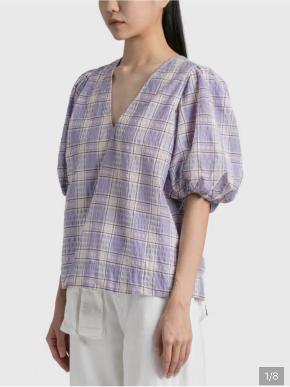 Ganni Lavender Plaid Seersucker V-Neck Puff Sleeve Blouse
